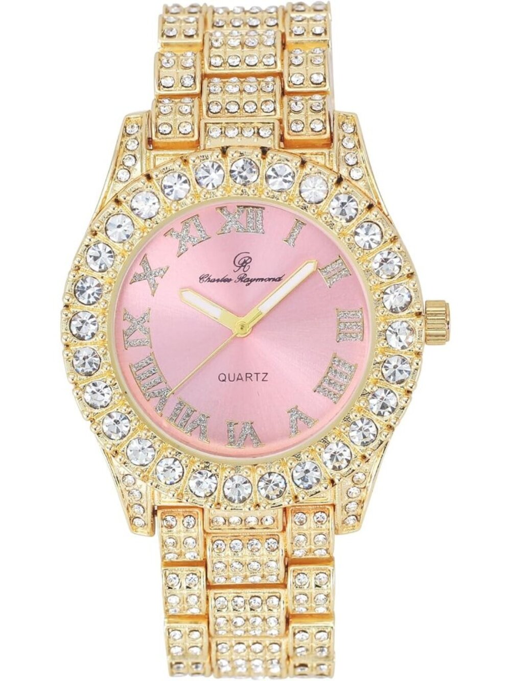 Women's Gold Pink Big Rocks Bezel Colored Dial with Roman Numerals Wrist Watch